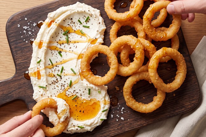 Hot Honey Whipped Feta Onion Rings